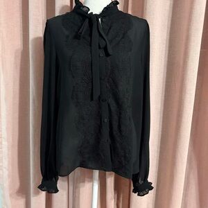 Boho Chic Black Ruffle Lace Blouse Sz Medium